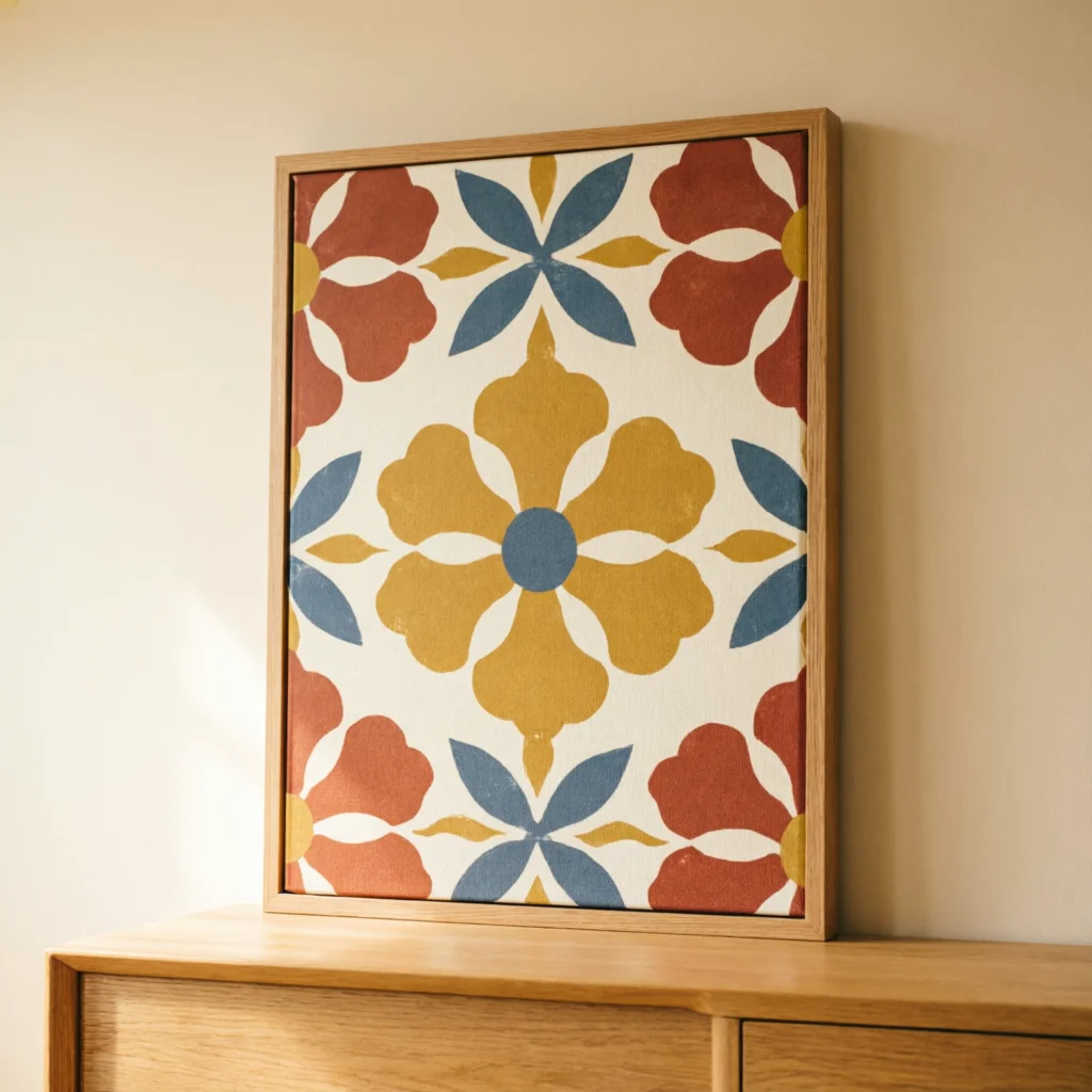 Canvas platno u drvenom ramu sa retro paternom u terracotta i slaćim tonovima